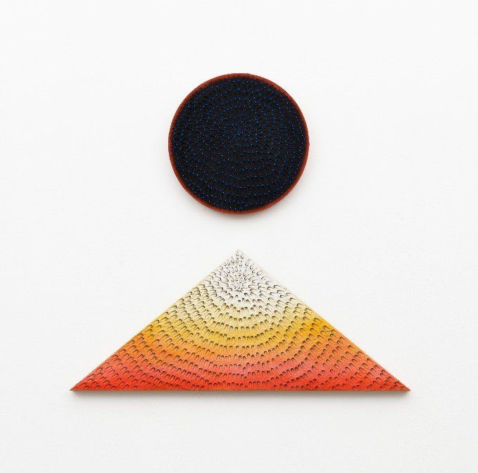 Jennifer Guidi | Lunar Sunrise, Lunar Sunset (Diptych: Blue and Light Blue #2MT, Painted Yellow Sand SF #1R, Black and Orange, Yellow Ground; Black #1PT, Painted Yellow Sand SF #1T, White to